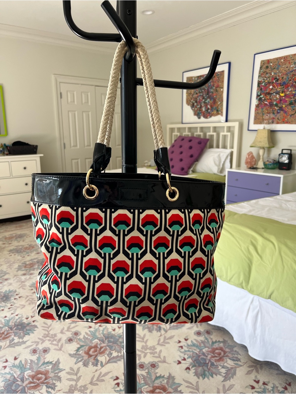 Milly Red Teal Cream Geometric Canvas Tote with Black Trim